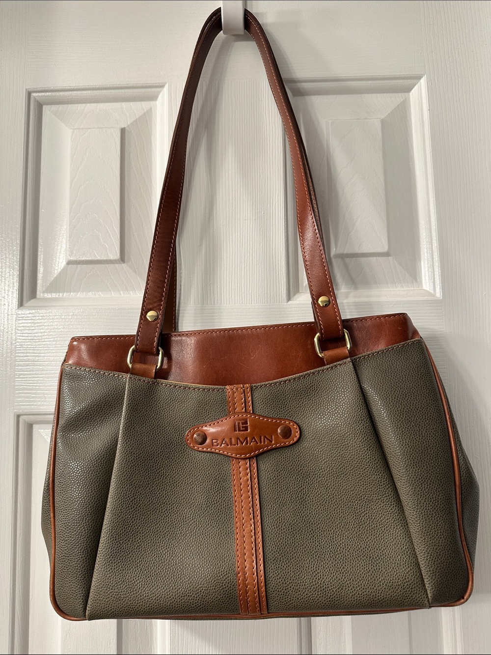 Vintage Balmain Olive Green and Brown Leather Shoulder Bag